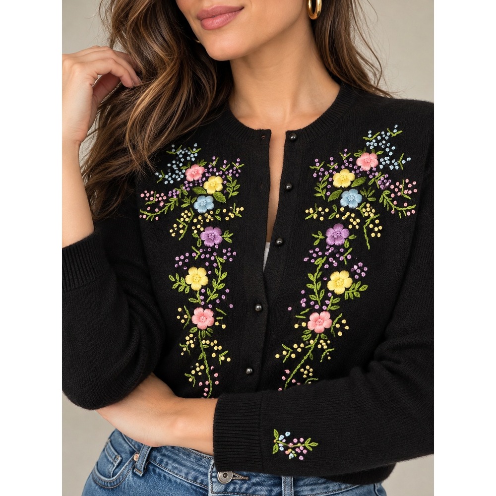Vtg 60s 70s Black Lambswool Floral Embroidered Cardigan S Folk Art Cottage Fairy - Picture 1 of 11